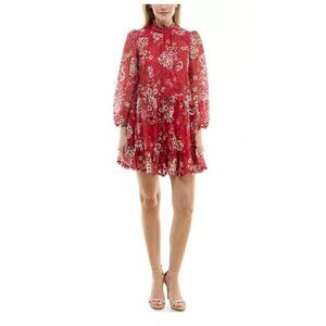 Maison Tara Womens Size 10 Red Floral Long Sheer Sleeve Tiered Ruffle Mini Dress